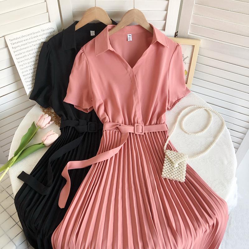 

Party Dresses Korean Fashion A-line Summer Turn-down Collar Short Sleeve Elastic High Wasit Pleated Femme Vestido Lace-up Skinny Dress, Black