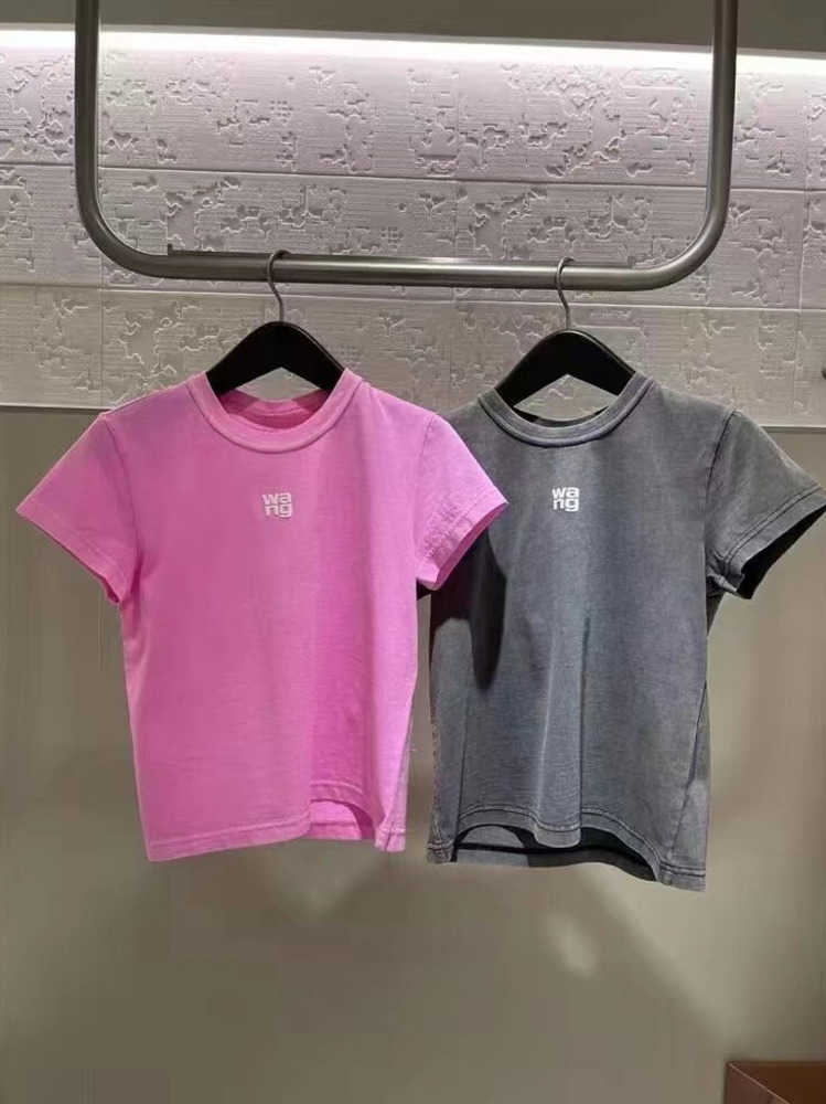 

AW King 2023 summer new fashion temperament waist collection everything solid color printed short sleeve top T-shirt Slimming trend, Dark grey