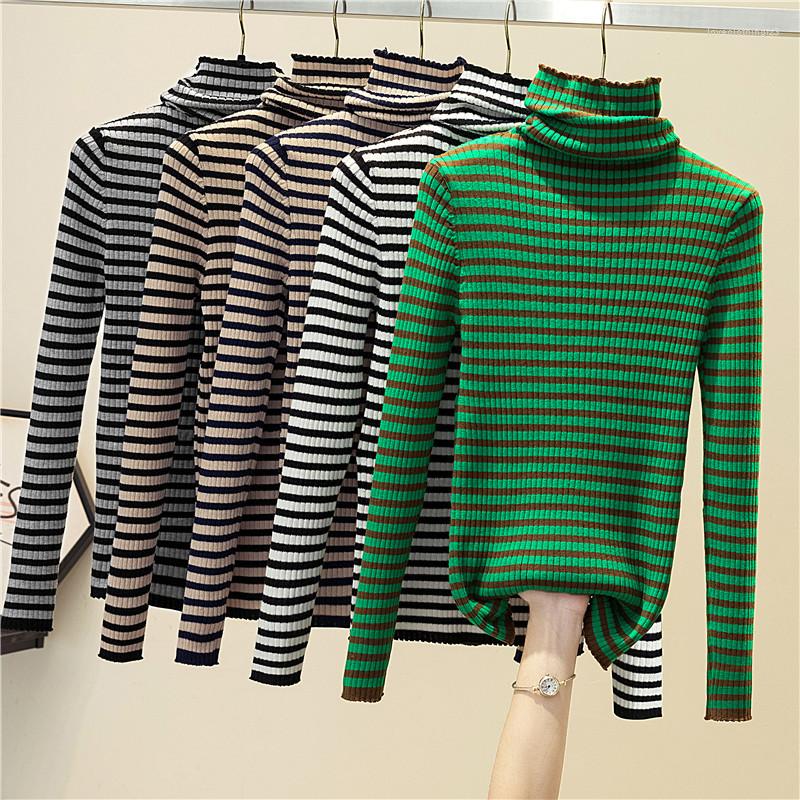 

Women's Sweaters Autumn Women Long Sleeve Turtleneck Striped Knitted Ruffles Basic Sweater Coat Shirt Lady Elastic Slim Pullover Chic Blouse, Knitted sweater