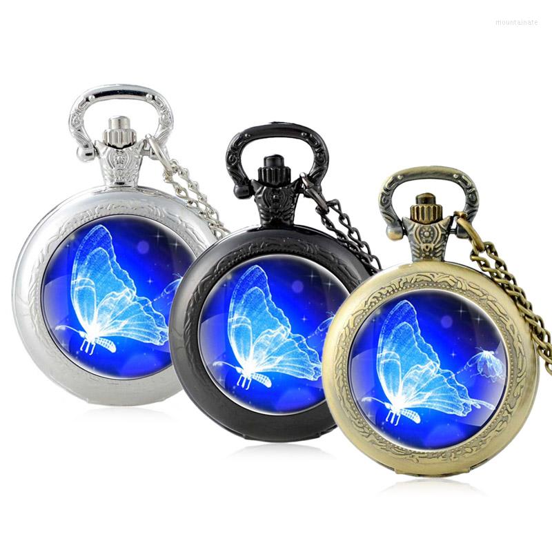 

Pocket Watches Classic Charm Blue Butterfly Design Glass Cabochon Quartz Watch Vintage Men Women Pendant Necklace Chain Clock Gifts, Black
