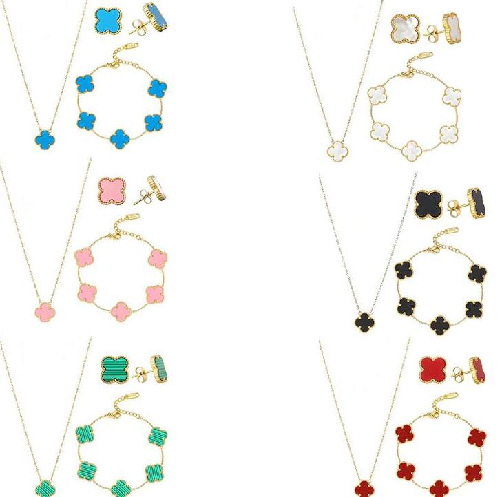 

Never Fade Jewelry Sets Pendant Fashion Earring Bracelet Necklace Four Leaf Clover Lucky Set Wedding Women Bridal Jewelry Sets, White