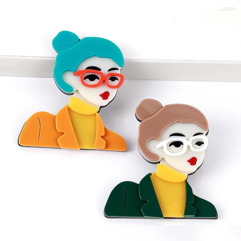 

Brooches Acrylic Modern Lady Figure For Women Cartoon Wear Glasses Girl Brooch Pin Office Badges Jewelry Costume Accessories