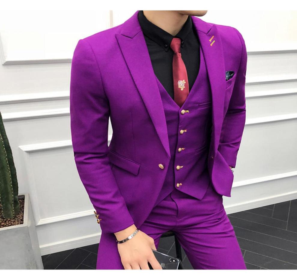 

2019 3PC Suit Men purple Brand New Slim Fit Business Formal Wear Tuxedo High Quality Wedding Dress Mens Suits Casual Costume Homme7066179, Sliver