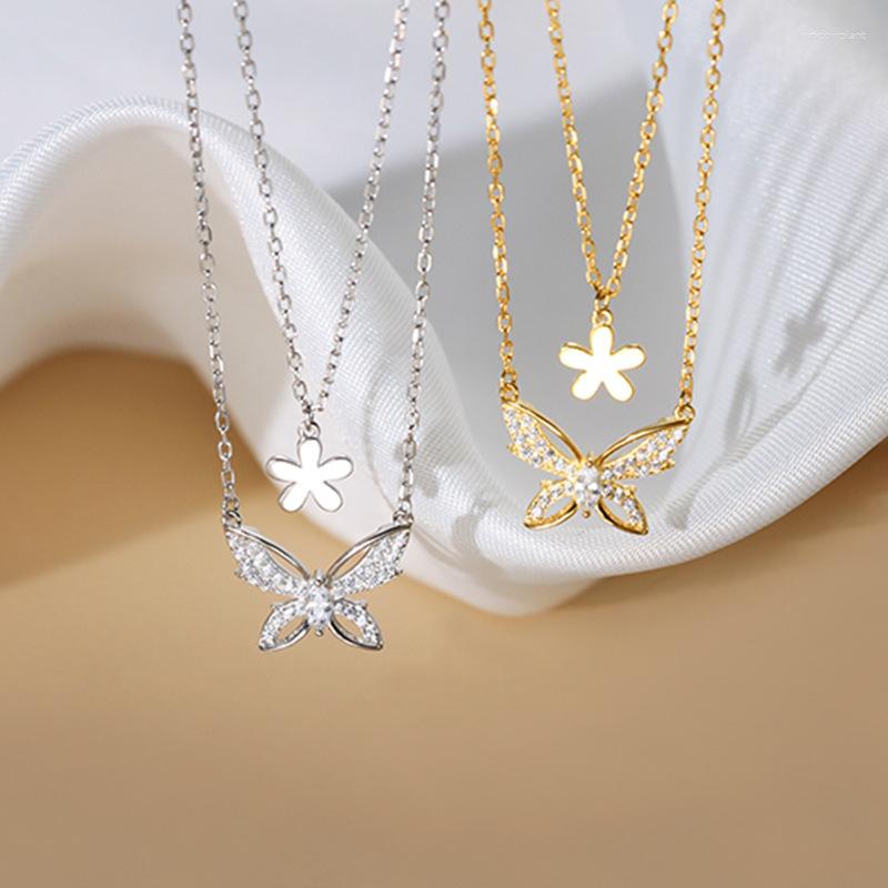 

Pendant Necklaces Elviragirl 2023 Female Jewelry Simple Necklace Accessories Flashing Zircon Double Flower Butterfly