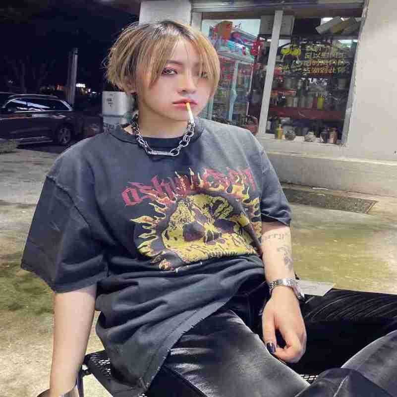 

ASKYURSELF niche trendy brand American wash cross sunflower skull casual loose fitting short sleeved unisex, Black