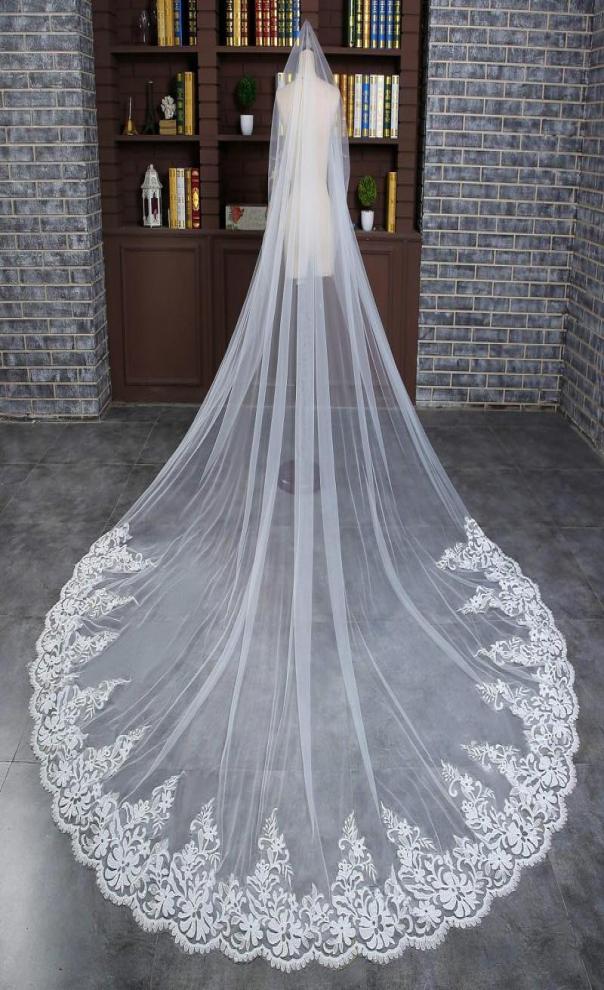 

Bridal Veils Romantic 4 M Wedding Veil Cathedral One Layer Lace Appliqued Long With Comb Woman Marry Gifts 2021 Accessories1271723, White