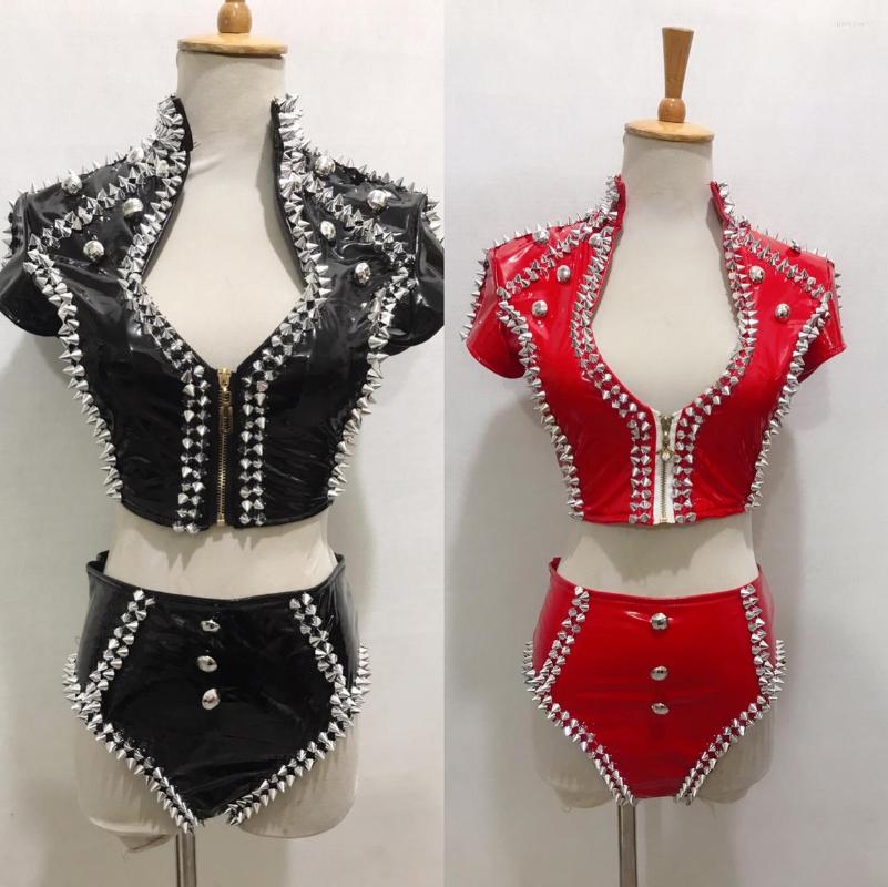 

Stage Wear PU Leather Rivet Tops Shorts 2 Piece Set Sexy Nightclub Bar Jazz Pole Dance Costume DJ Singer Women Team Performance Clothes, Black
