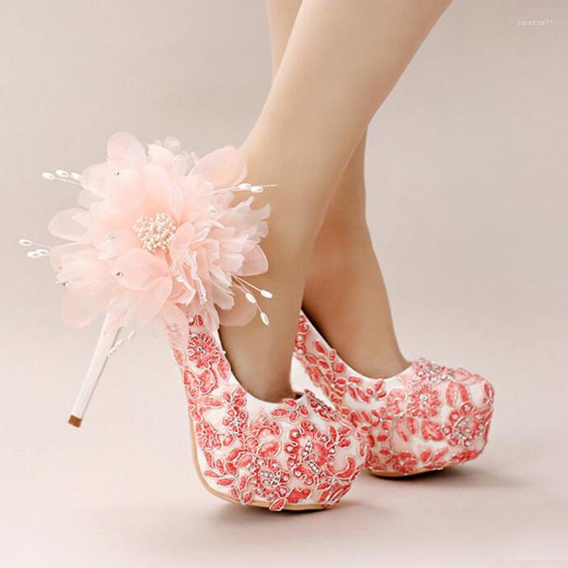 

Dress Shoes Handmade Lace Appliques Wedding Beautiful High Heel Platform Bridesmaid Pink Flower Bridal Women, Style one 14cm heels