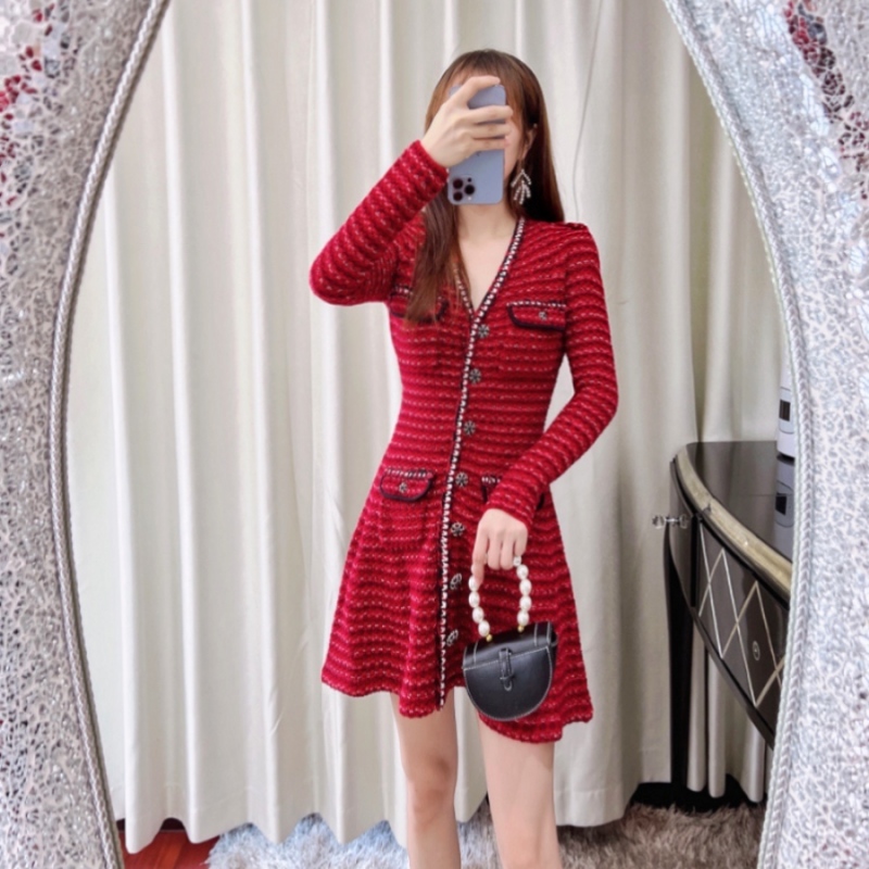 

AUTH S-elf Portrait Red Long Sleeve V-Neck Sweater Cardigan Short Dress