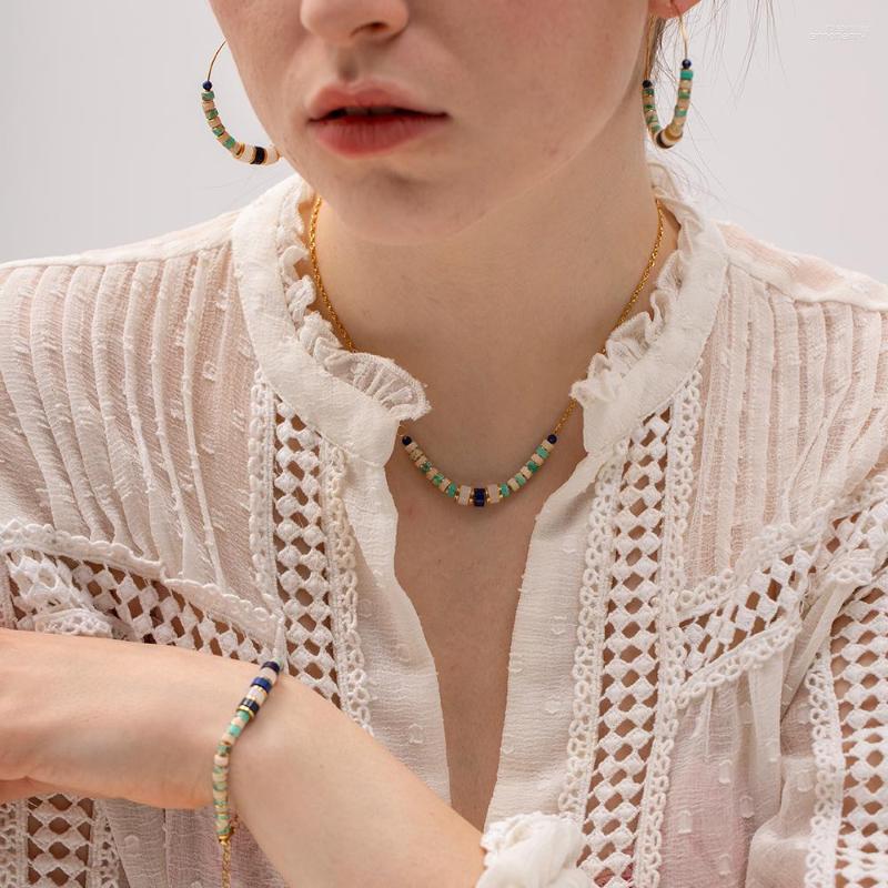 

Necklace Earrings Set Summer Women Bohemia Natural Stone Bracelet Ethnic Style Stainless Steel Beach Beaded Jewelry Party Gift, Picture shown
