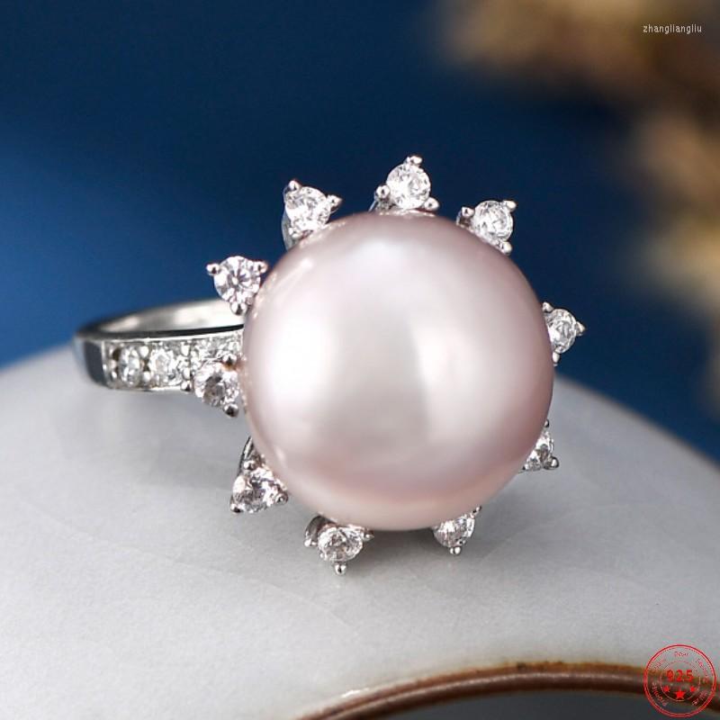 

Cluster Rings Genuine S925 Sterling Silver For Women Fashion Exaggerate Baroque Freshwater Pearl Micro Inlay Zircon Flowers Jewelry