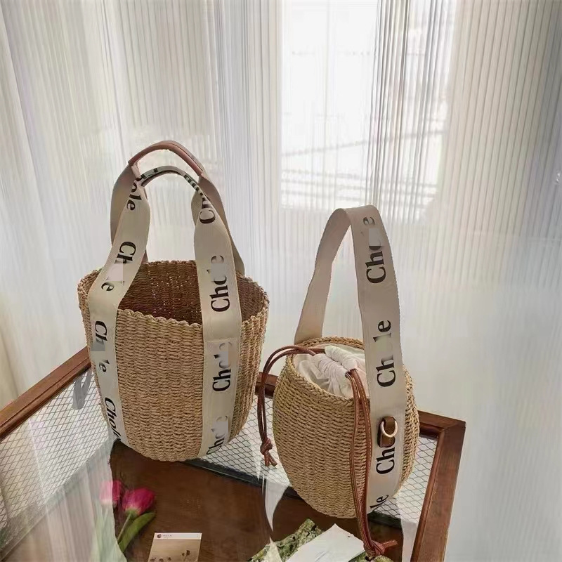 

Summer Women's Bag Ribbon Shoulder Bags Handmade Woven Bucket Bag Tote Straw Bag Beach Bags