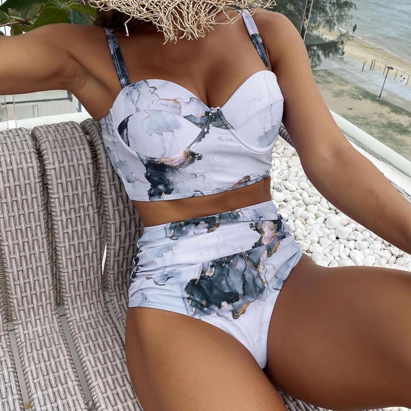 

Women' Swimwear Marble Pattern Print High Waist Bikini Sets Swimsuit Women Sexy Crop Tops Shorts Two Pieces Beach Bathing Suits #F, Sb