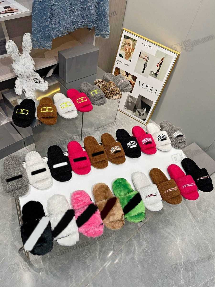 

Designer PARIS Embroidery Slippers Men Women Comfort Furry Slide Sheep Wool Leather Sandals Winter Fluffy Hotel Warm Slides Flip Flops 35-45