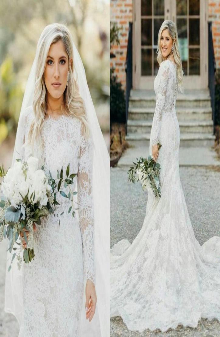 

Vintage Bohemian Full Lace Wedding Dresses With Sheer Long Sleeves Bridal Dresses Buttons Back Country Wedding Gowns Court Train1642902, Same as image