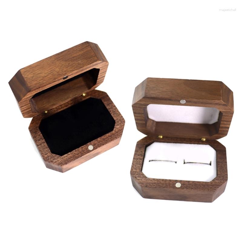 

Jewelry Pouches Walnut Wooden Ring Box Case Retro Rustic Wedding Holder