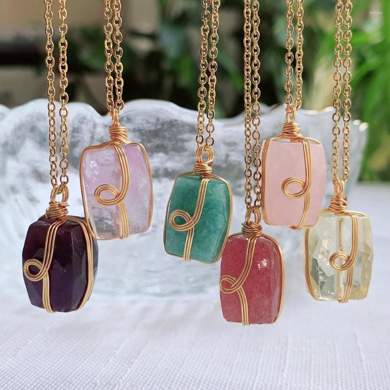 

Pendant Necklaces Wire Wrap Natural Crystal Stone Necklace For Women Golden Chain Square Real Amazonite Roses Quartz Purple Choker