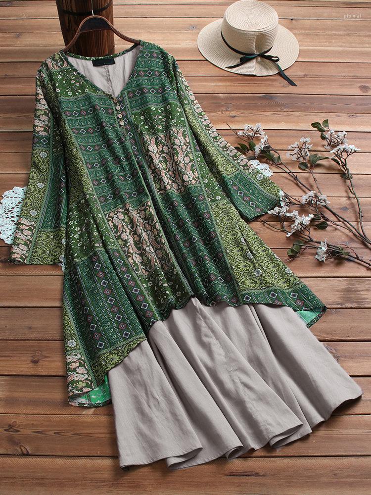 

Casual Dresses 2023 Summer Women Maxi Long Dress Boho Print Fake Two Piece Sets Party Large Size Female Vintage Loose, Red