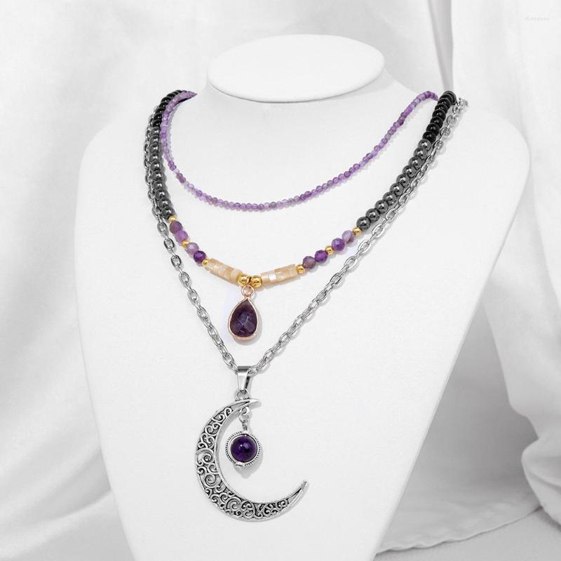 

Pendant Necklaces 3Pcs/Set Gothic Crescent Moon Necklace For Women Water Drop Charm Reiki Natural Amethysts Beaded Choker Jewelry