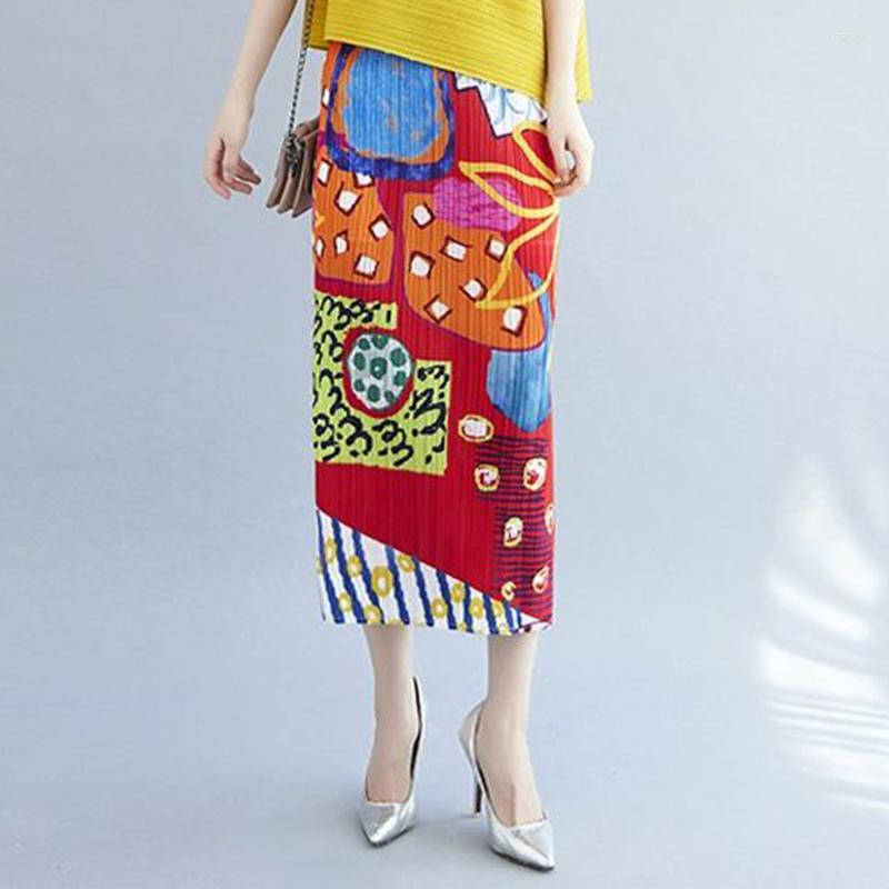 

Skirts Pleated Print Skirt High Waist Mid Length Side Split Long Casual Straight Mid-Calf Regulai Fit, Blue