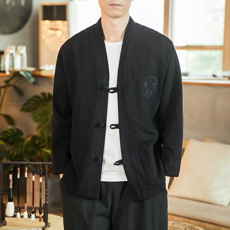 

Men's Jackets 2023 Spring And Autumn Chinese Traditional Dress Vintage Linen Loose Button Embroidered Coat Plus Size Men's Clothing, Black