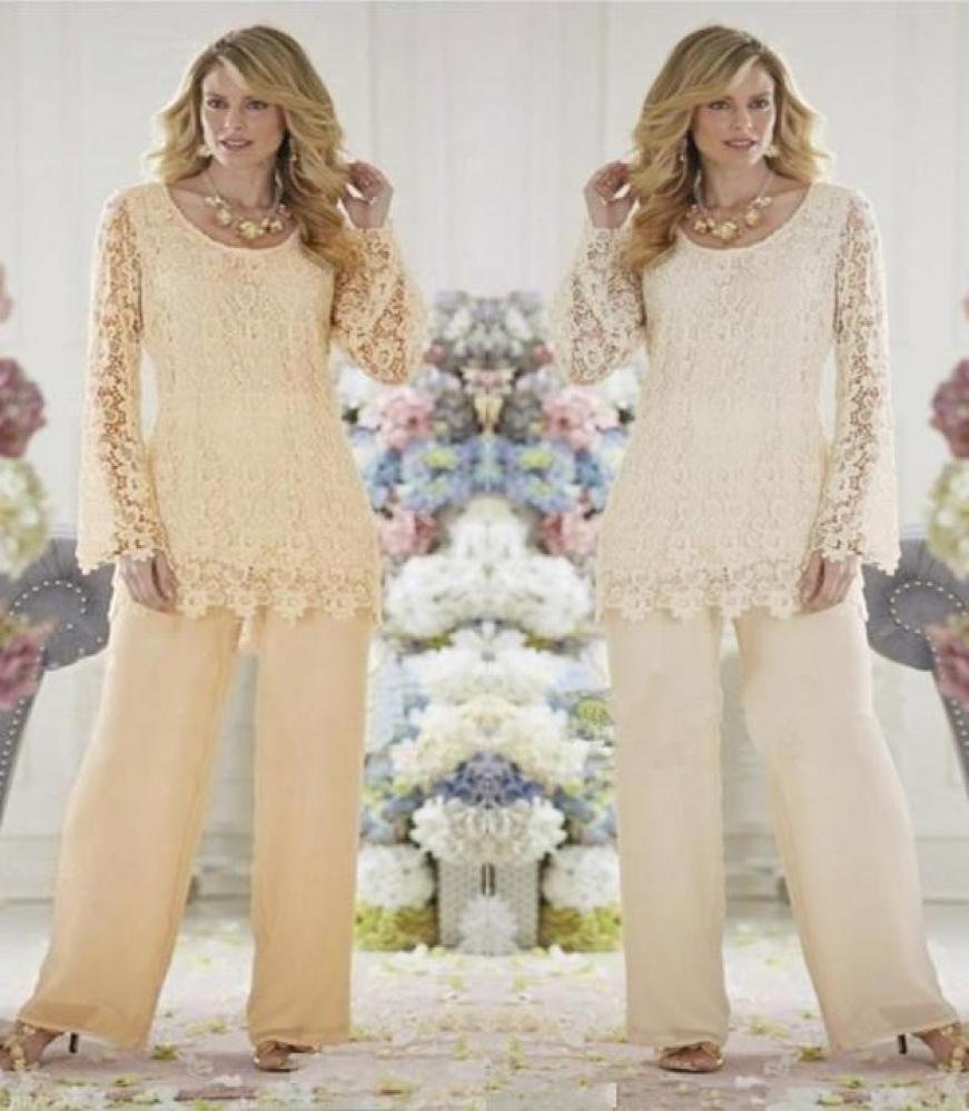 

Plus Size Mothers Pant Suits Jewel Neckline Lace Illusion Long Sleeves Two Pieces Mother Of The Bride Dresses DH3658308041