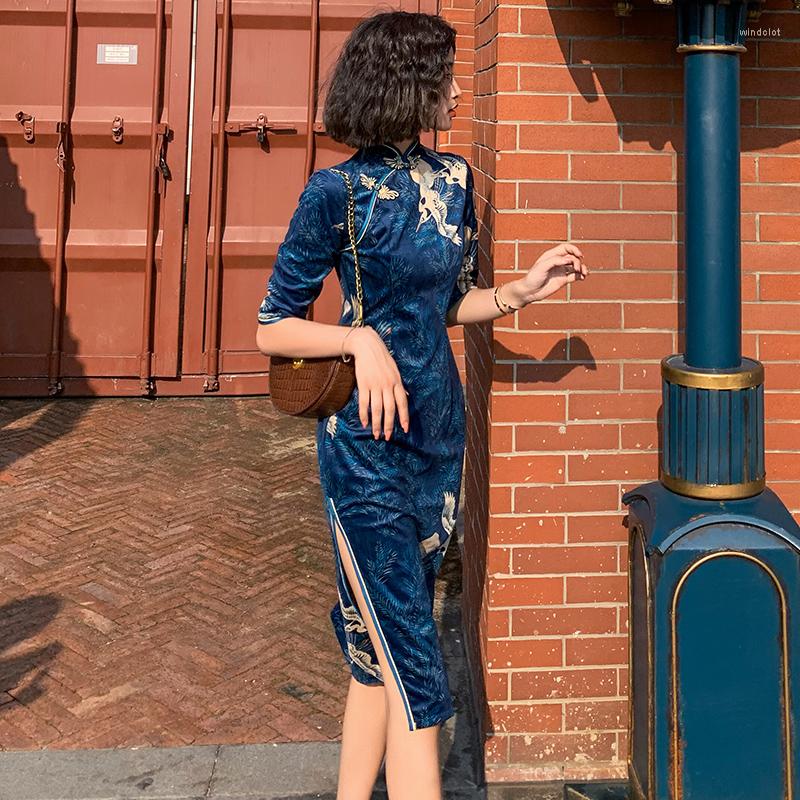 

Ethnic Clothing Oriental Dress Large Size QiPao Blue Cheongsam Velvet MidSleeve Cheongsams High-End Chinese Traditional
