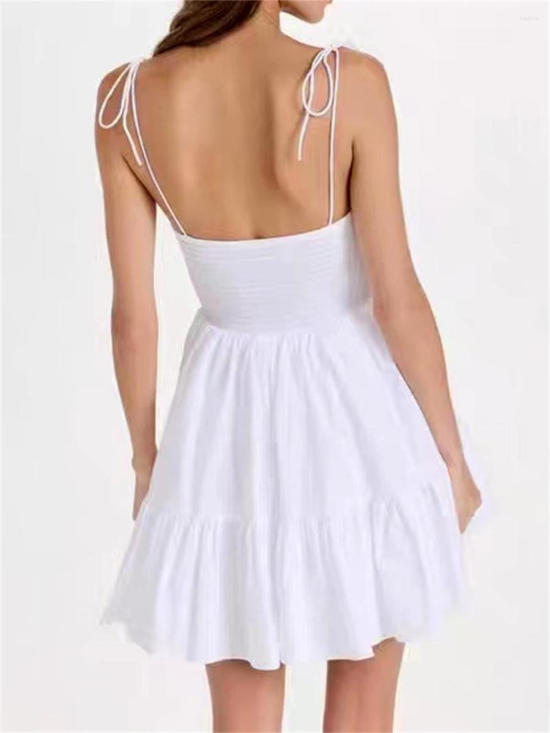 

Casual Dresses Women Pleated Slim Sling White Mini Dress 2023 Summer Female Sleeveless Elastic Waist Elegant Temperament Sweet Lady Robe