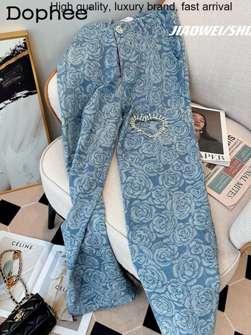 

Women' Jeans Hollowed Drilling Heart Shape Wide-Leg Women 2023 Summer Autumn Cotton High Waist Straight Printed Denim Pants Street, Blue
