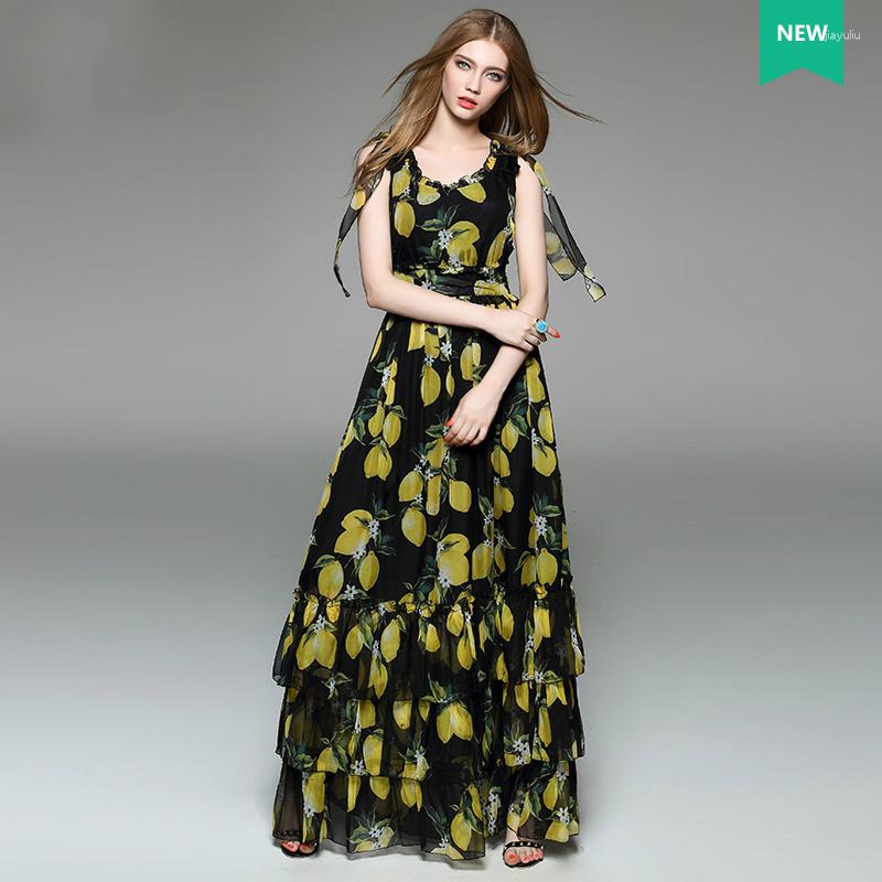 

Casual Dresses Women's Elegant Lemon Printed Bow Shoulder Vest Cake Dress Designer Boutique Sleeveless Maxi Long Chiffon With Strokes, Black