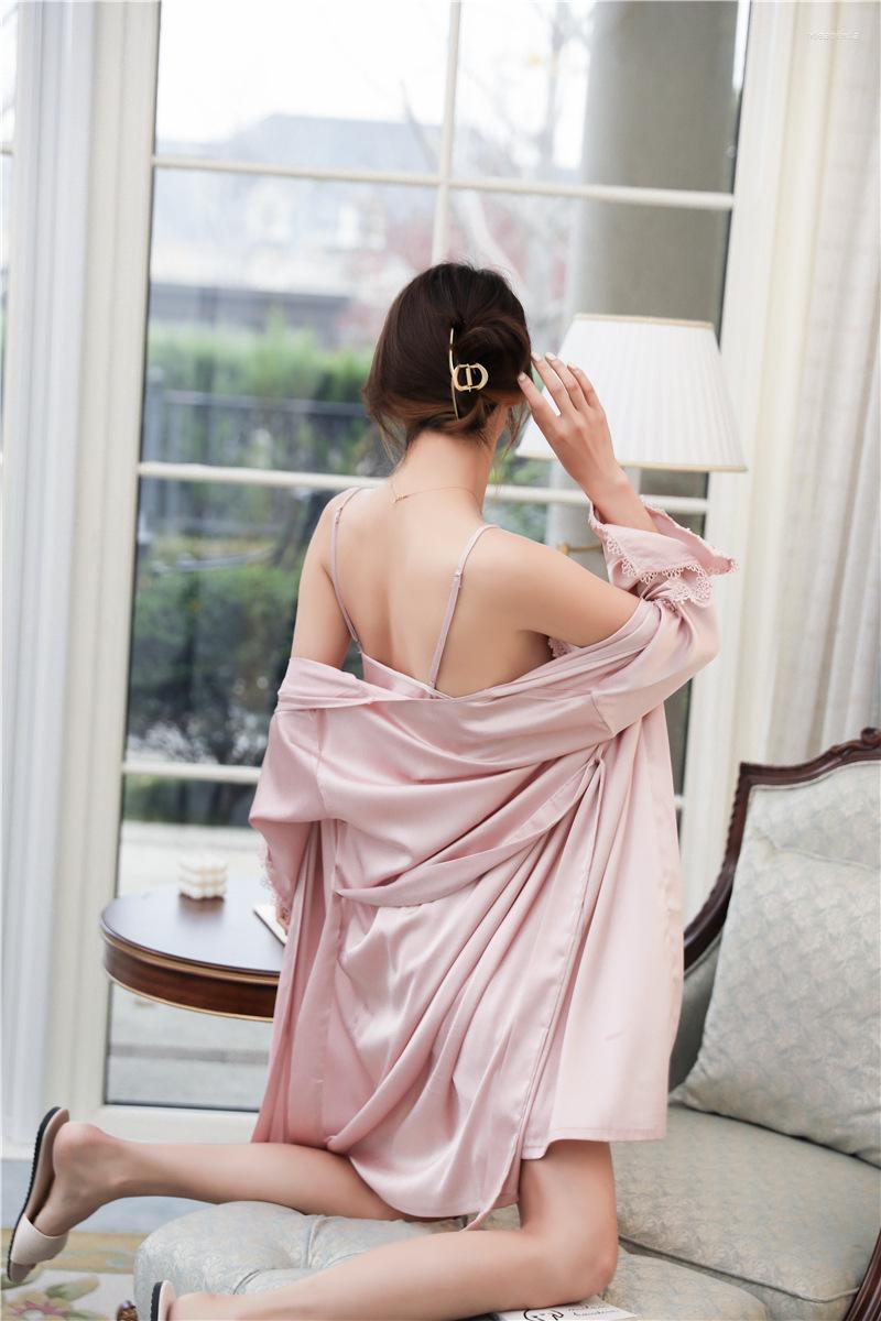 

Women's Sleepwear Women's 2023 Summer Sexy Sling Nightdress Robe Solid With Bra 2Pcs Sets Nightgown Women's Nightwear Home Wear, White