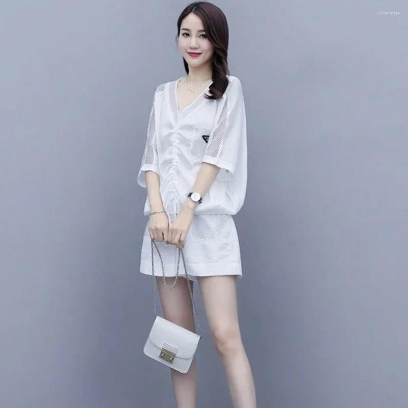 

Women's Tracksuits 2 Pcs/Set Women Top Shorts Set V Neck Drawstring Three Quarter Sleeves Commute Casual Elastic Waist Mini T-shirt, Black