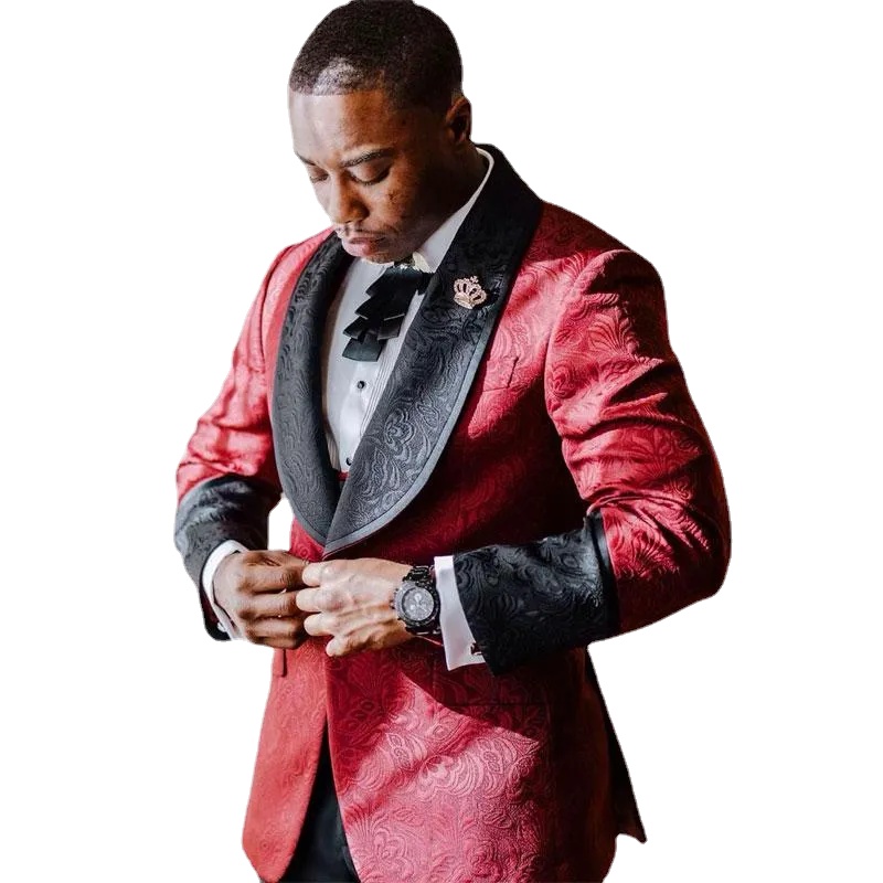 

Men's Suits Burgundy Pattern Men's Suit Wedding Blazers Jacquard Male Tuxedos Three Pieces Groom Wear Shawl Lapel Prom Jacket Vest And, Same as image