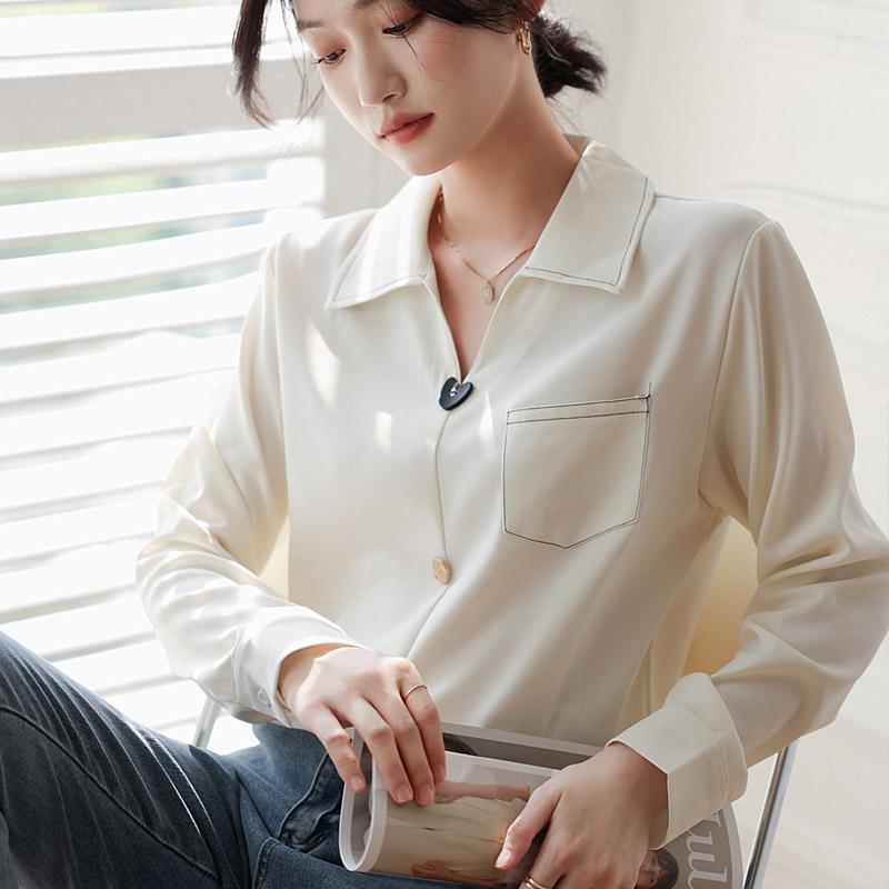 

Women' Blouses Spring Women' Long Sleeved Lapel Beige Casual Elegant Chiffon Shirt Chemise Femme White Women Womens Tops Blouse C509, Creamy-white