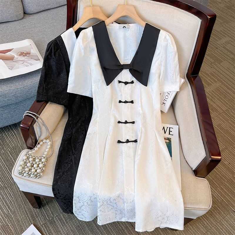 

Plus size Dresses 150Kg Size Women's Bust 149 Summer Loose Doll Neck ShortSleeved Waist Dress Black White 4XL 5XL 6XL 7XL 8XL  230627