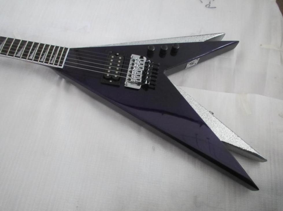 

Rare Jack Ed Roman Vinnie Vincent Metllic Sinlver Purple Double Flying V Electric Guitar Floyd Rose Tremolo Locking Nut Shark F6260048