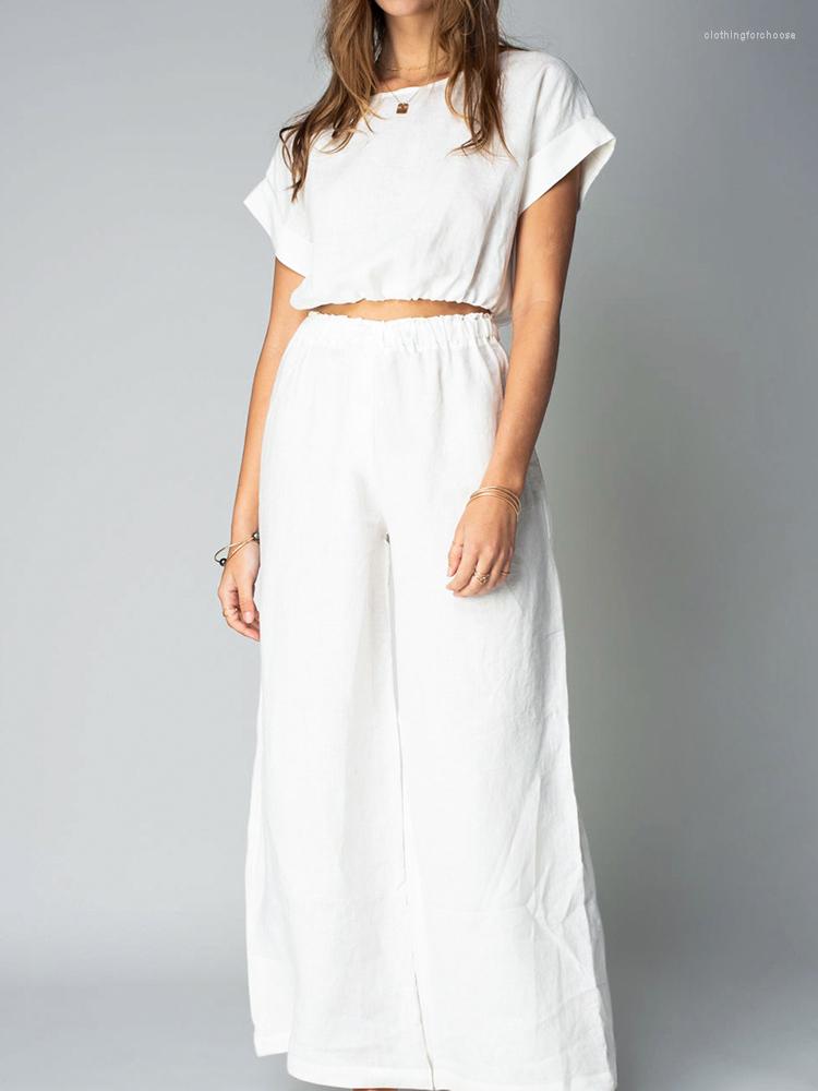 

Women' Sleepwear Linad White Pajamas For Women 2 Piece Sets Cotton Short Sleeve O Neck Crop Top Casual Female Trouser Suits Summer