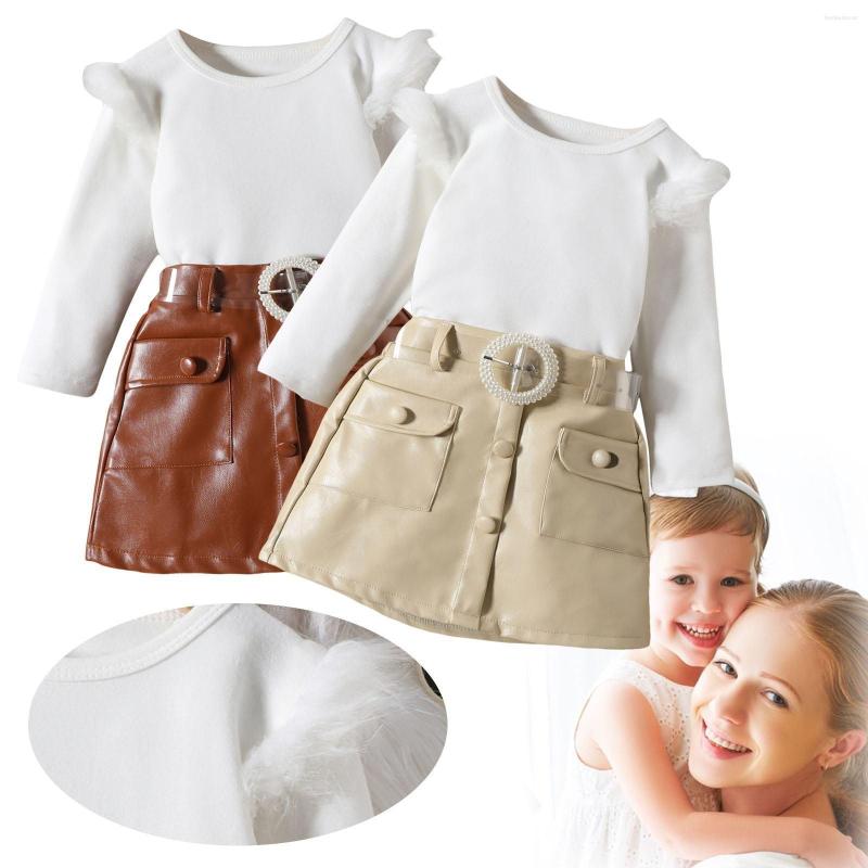 

Tench Coats Toddler Girl Autumn/winter Sweater Long Sleeve Top PU Leather Skirt Pearl Buckle Belt Little Clothes Size 6 Checke Hoodie, Beige