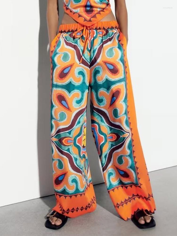 

Women's Pants Kumsvag 2023 Women Summer Wide Leg Vintage Fashion Loose Print Satin Elastic Waist Female Elegant Street Pant Trousers
