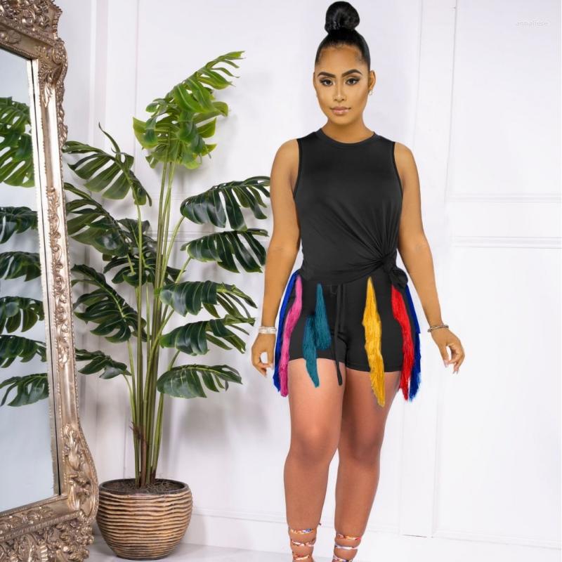 

Women' Tracksuits 2 Pieces Set Sexy Summer Autumn Fashion Women 2023 Female Tops Sleeveless And Elastic Waist Tassels Shorts Suit, Black