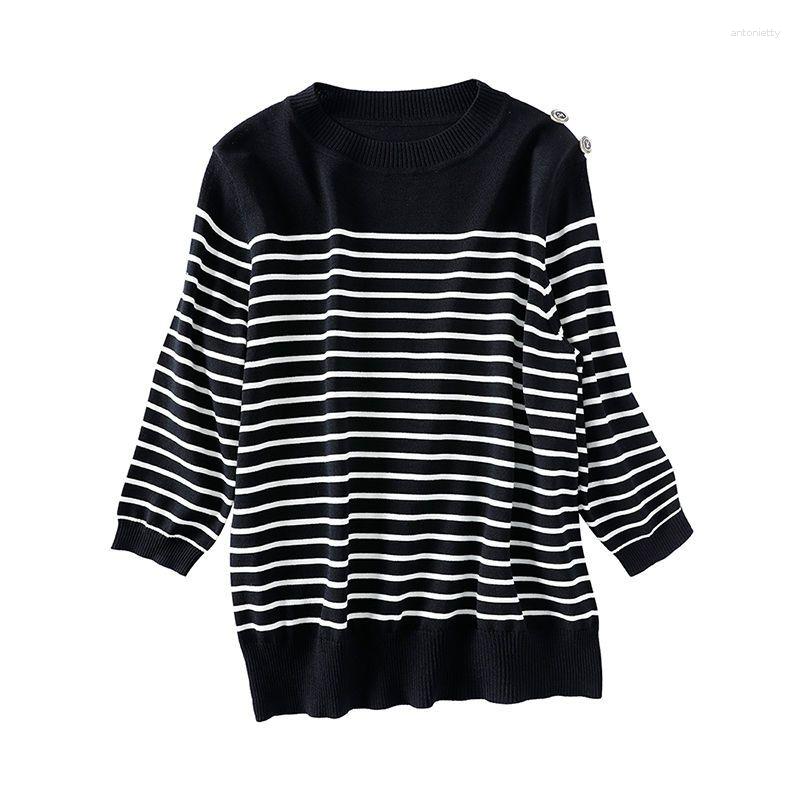 

Women's Sweaters Spring Autumn Elegant Classic Stripe Ice Silk Simple Style Thin Basic Knitwear Women Casual All Match Pullover Top Female, White