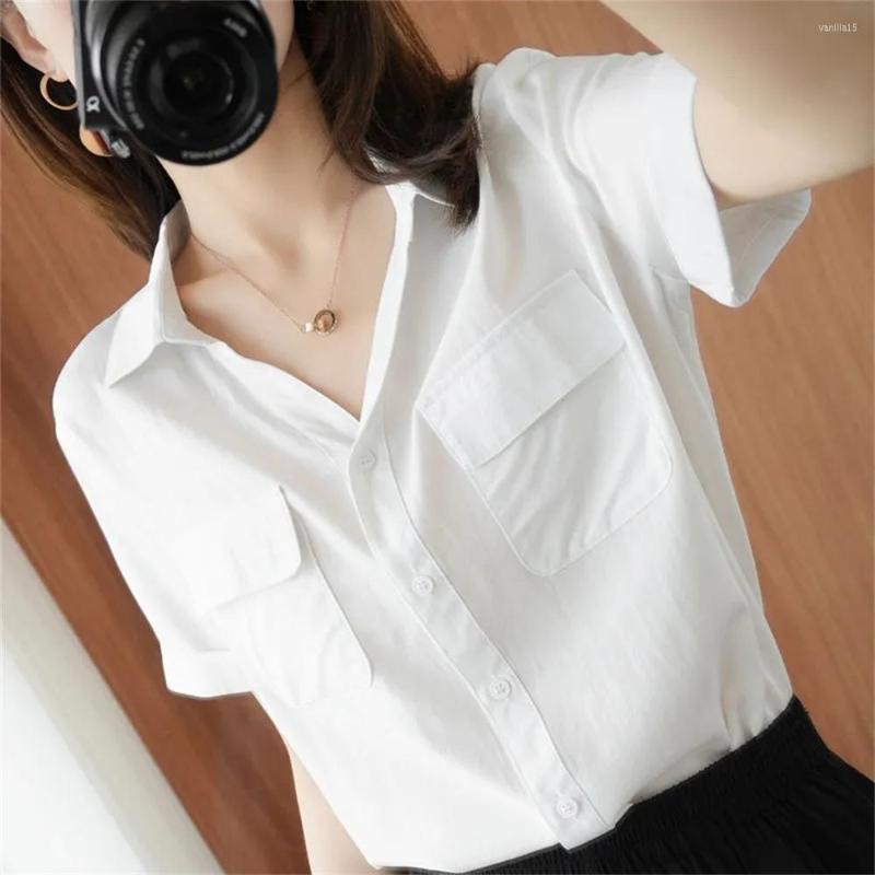 

Women' Blouses Solid Color Cotton Short Sleeve White Shirt For Women Summer Korean Style POLO Neck Loose Fashion V-neck Blouse Top