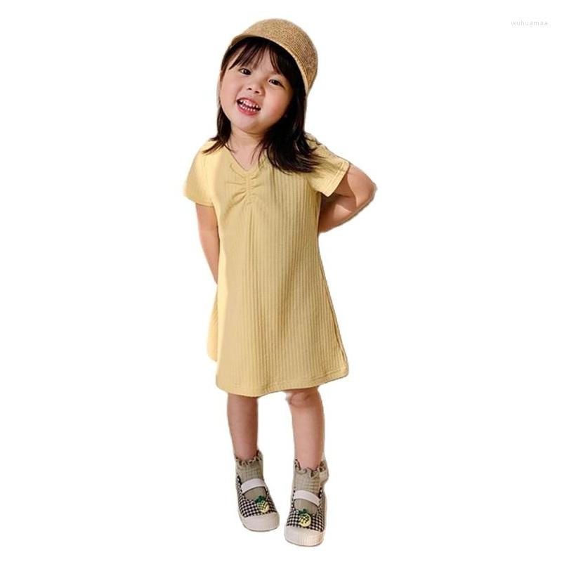 

Girl Dresses 1-9 Years Old Kids Girls Clothes Summer Toddler Solid Casual Short Sleeve Dress For Cute Baby Children Clothing, Beige