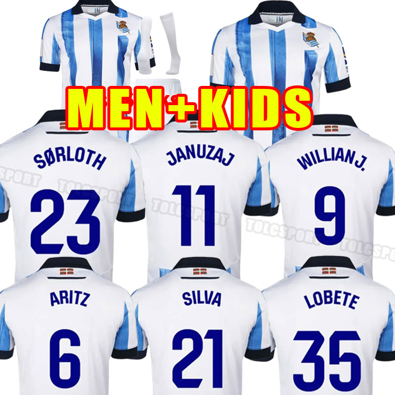

Real Sociedad soccer jerseys 23 24 Copa del Rey WILLIAN J. SILVA OYARZABAL football jersey ZUBELDIA MERINO ISAK camiseta de txuri-urdin man 2023 2024 kids kit set socks, Home