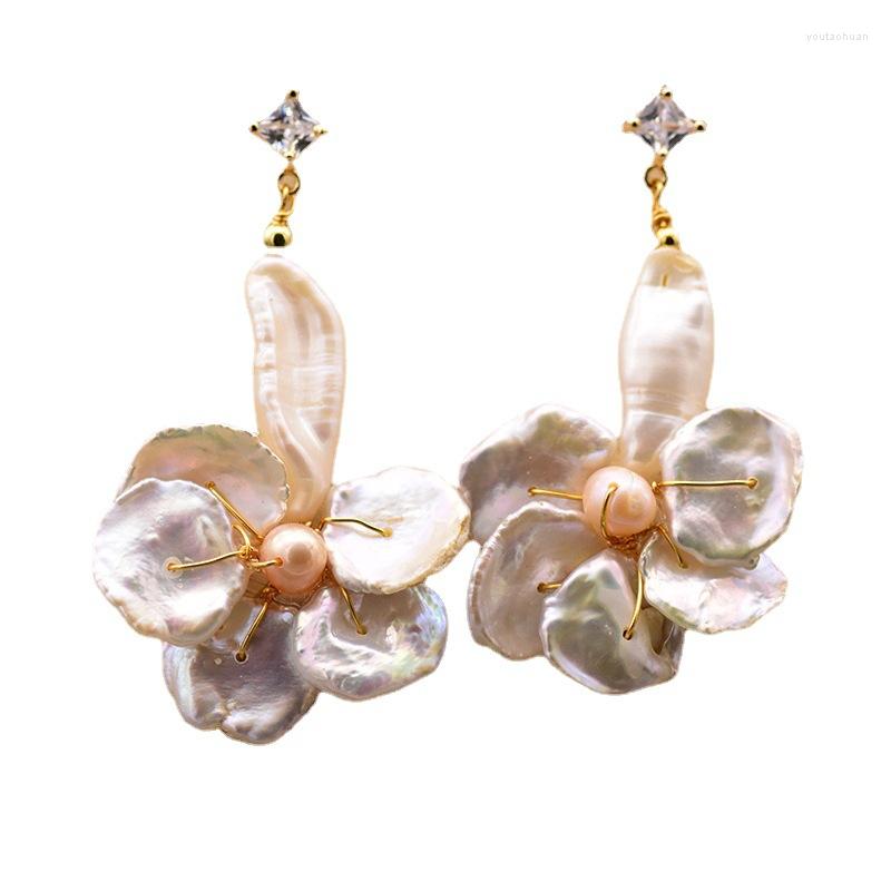

Stud Earrings 925 Silver Inlaid Natural Baroque Pearl Flower