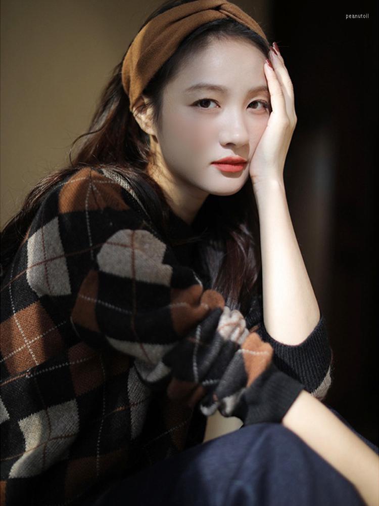 

Women's Sweaters Retro Brown Coffee Women Pullover Knitted Tone Rhombus Grid Rich Full Style O Neck Long Sleeve Sweater Y2k Clothes Harajuku, Picture shown