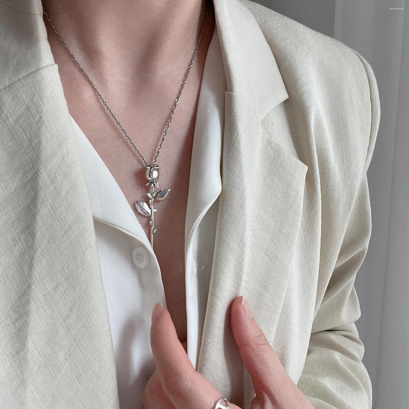 

Pendant Necklaces 925 Silver Plated Rosary Necklace Women Y2K Metal Rose Flower Minimalist Punk Jewelry Valentines Day Gift
