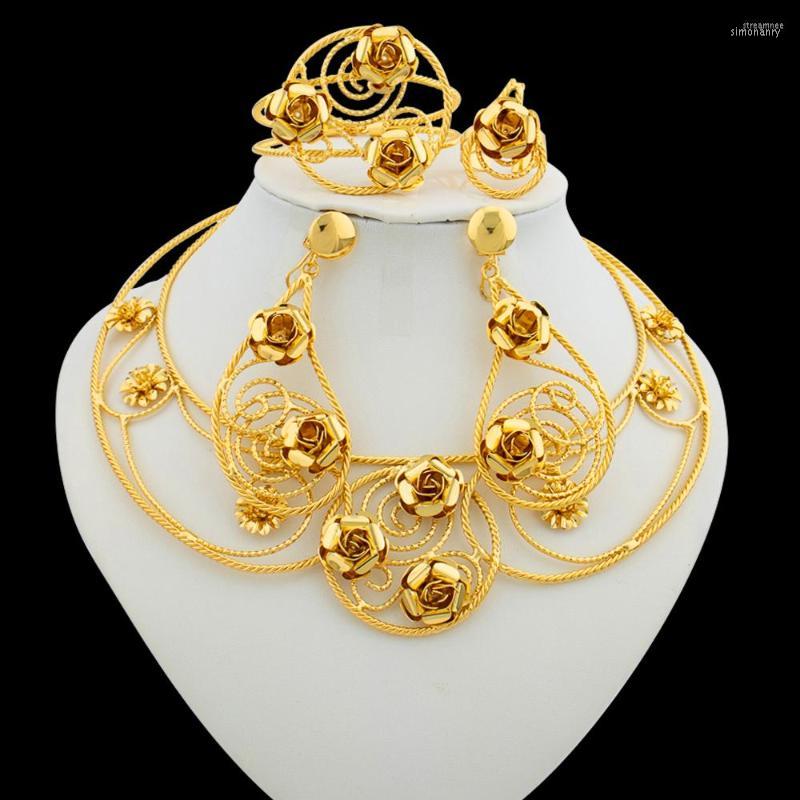 

Necklace Earrings Set Brazilian Weddings Jewelry For Women 18k Gold Color And Hoop African Dubai Plated Jewellery Gifts, Picture shown