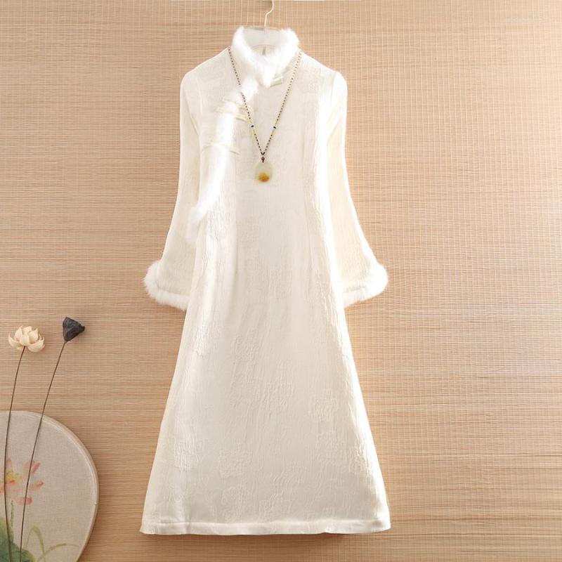 

Ethnic Clothing High-end Winter Women Fur Cheongsam Top Chinese Style Retro Jacquard Elegant Loose Lady Warm Qipao Coat Female S-XXL