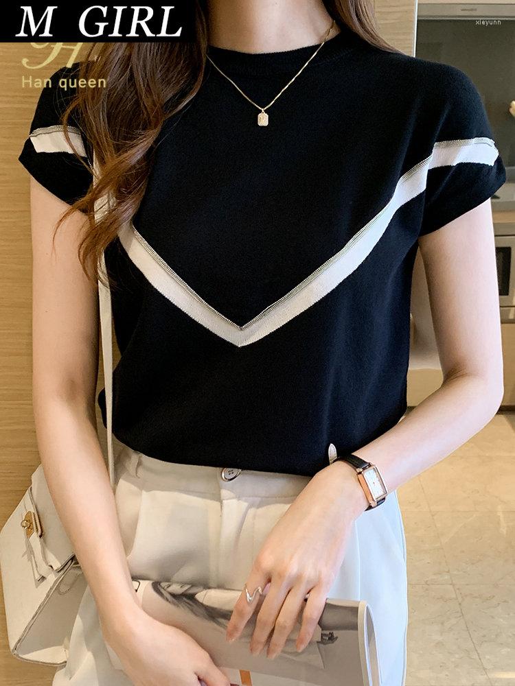 

Women's Blouses  GIRLS Queen Summer Knitted Tops Basic Contrast Color Stitching Short Sleeve Vintage Shirt Loose Work Casual Blusas, Black